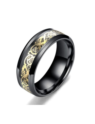 Bague en acier inoxydable noir incrustation dragon or