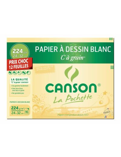 Pochette "Canson" 24x32 Grain C 224 g. - 12 feuilles - Blanc