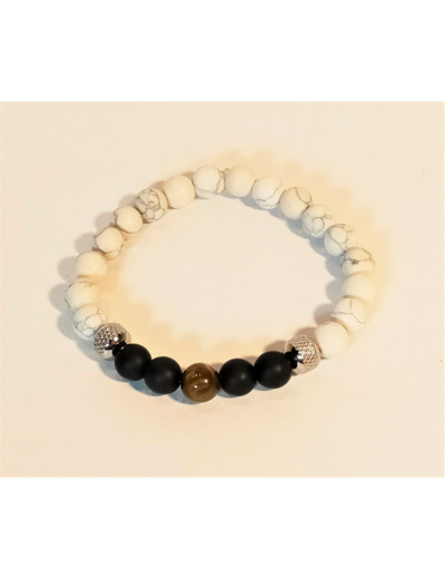 Bracelet howlite/agate noire/œil de tigre