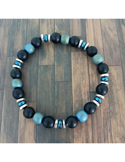 Bracelet homme agate noire/hématite