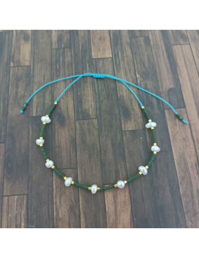 Bracelet Miyuki + perles d'eau douce vert/doré