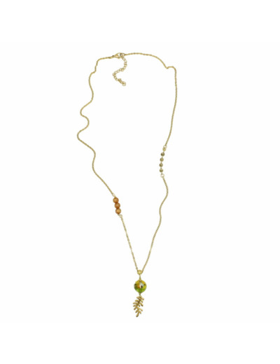 Collier long chaîne acier pendentif feuille perle Murano Salvia