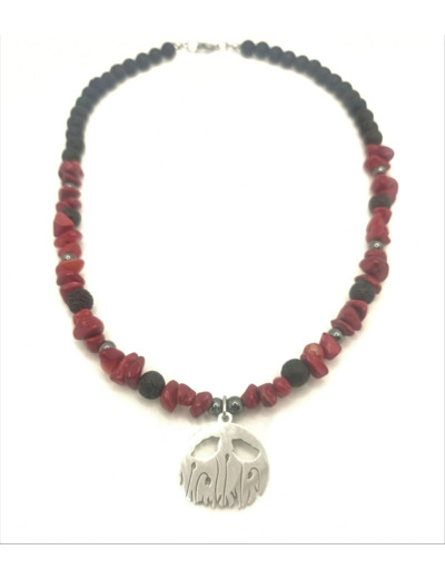 Collier coquelicot corail rouge/pierre de lave/hématite