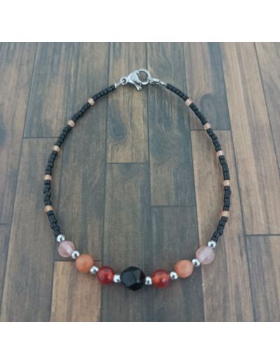 Bracelet en perles naturelles et Miyuki orange/noir/argenté
