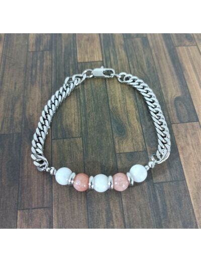Bracelet-chaîne pierre de lune blanc/rose