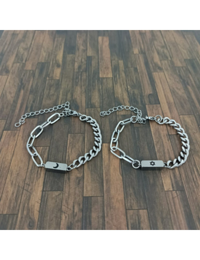 Bracelet de couple en acier inox lune/soleil