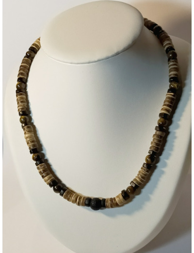 Collier Œil de tigre/pierre de lave/bois/perles de coco