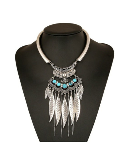 Gros collier plumes argenté/turquoise