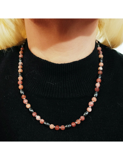 Collier pierre de lune rose/hématite