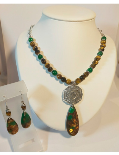 Parure vert-argenté jade vert et œil de tigre