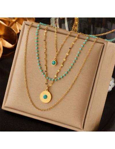 Chaînes multicouches turquoise en bijoux en acier inoxydable doré