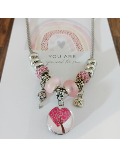 Collier rose avec bouton pression arbre de vie