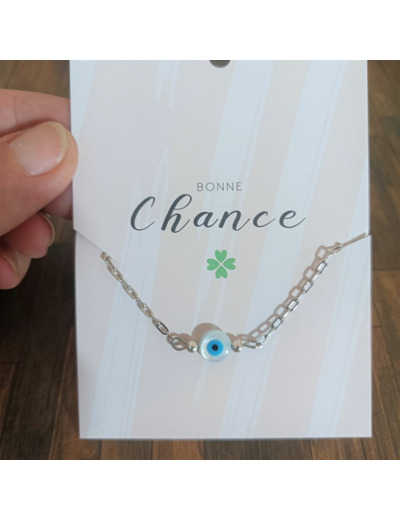 Bracelet carte "Bonne chance" œil rond et acier inoxydable