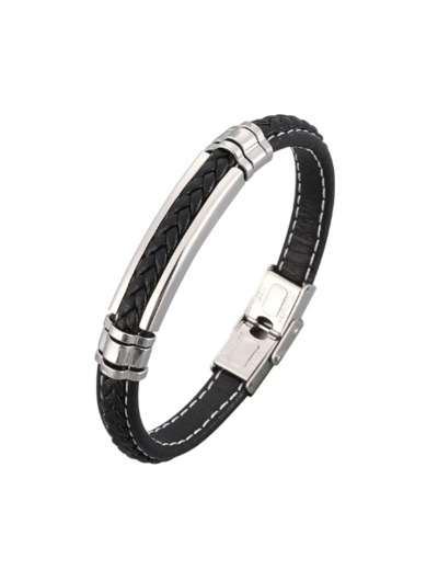 Bracelet cuir noir et acier inox homme