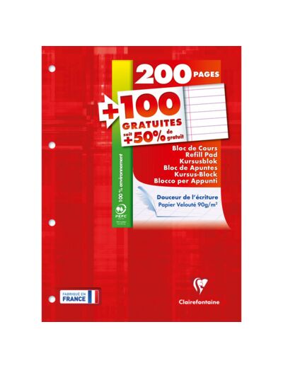 Bloc de cours 21x29,7 - 200 pages + 100 gratuites - Ligné + marge