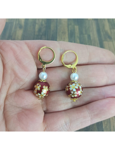 Boucles d'oreilles émaillées rouge/doré/blanc