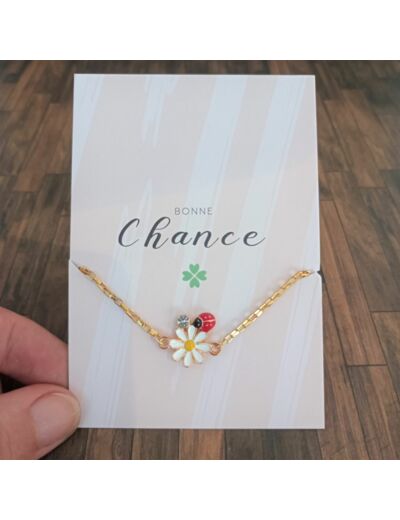 Bracelet carte "Bonne chance" coccinelle/fleur et acier inox doré