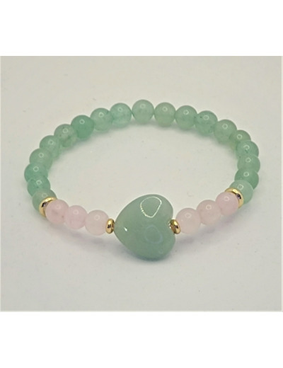 Bracelet aventurine verte/quartz rose doré cœur