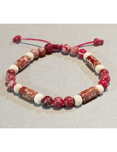 Perles en bois rouge à motifs/blanc + sédiment de la mer rouge, ajustable