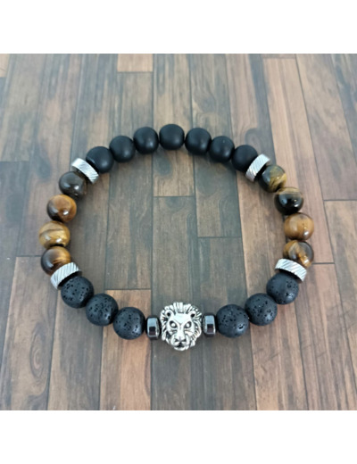 Bracelet homme agate noire/œil de tigre lion