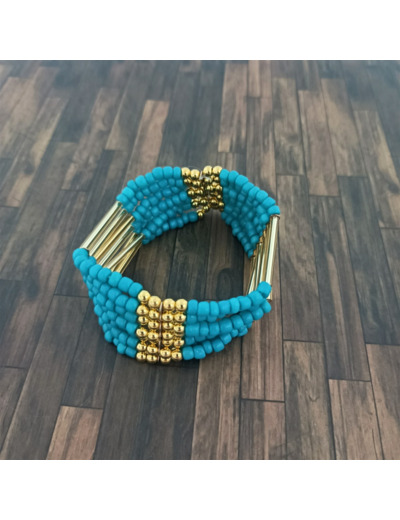 Bracelet élastique multi-rangs turquoise/doré