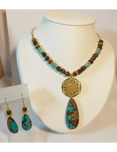 Parure turquoise-doré turquoise et œil de tigre