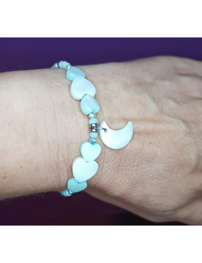 Bracelet nacre bleu/blanc cœur argenté