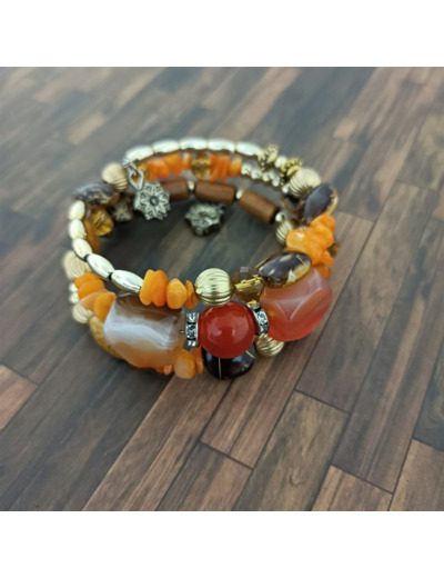 Bracelet multi-rangs orange/marron/doré