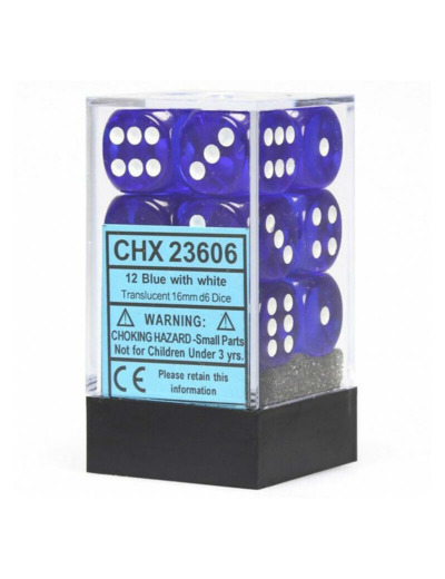 CHESSEX - Set de 12 dés 6 - TRANSPARENT - Bleu/Blanc