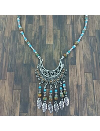 Collier turquoise/marron feuilles