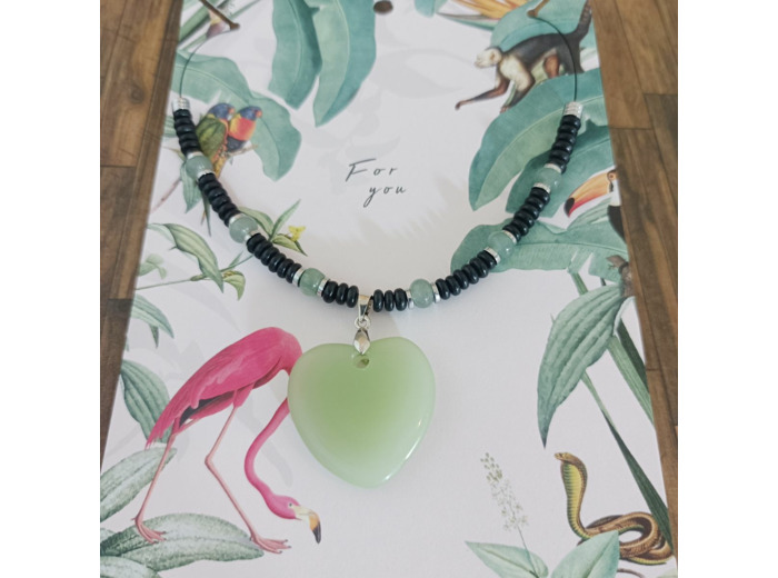 Collier Jade/aventurine/hématite/noir cœur