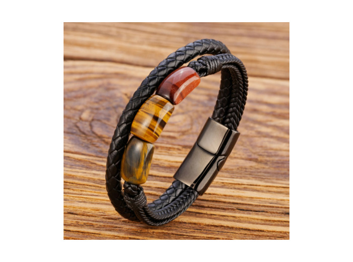 Bracelet cuir et 3 pierres naturelles