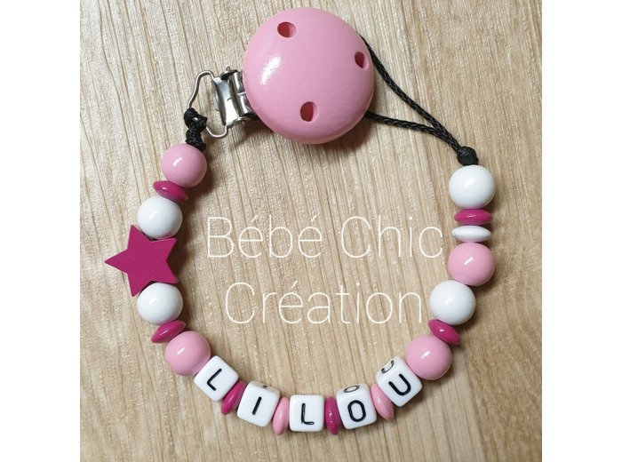 Attache sucette prénom personnalise, étoile Fuchsia, blanc et rose