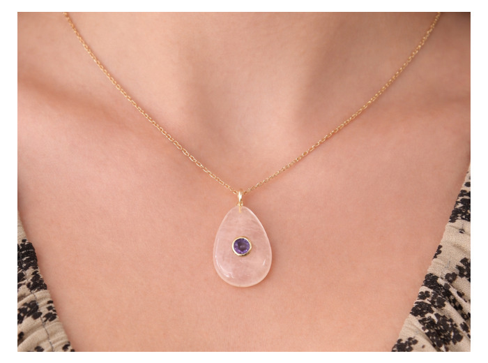 COLLIER PENDENTIF QUARTZ ROSE ET AMÉTHYSTE