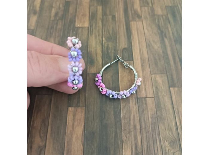 Créoles en acier Inox fleurs 35mm Argenté-rose violet