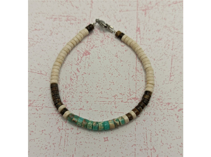Bracelet homme pierres naturelle heishi bleu cyan marbré/œil de tigre/greige