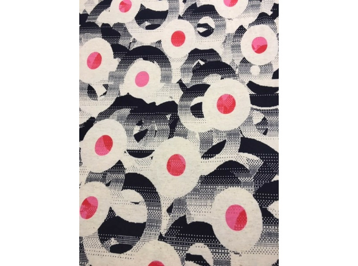 Tissu jersey formes rondes marine et rose sur fond beige lin