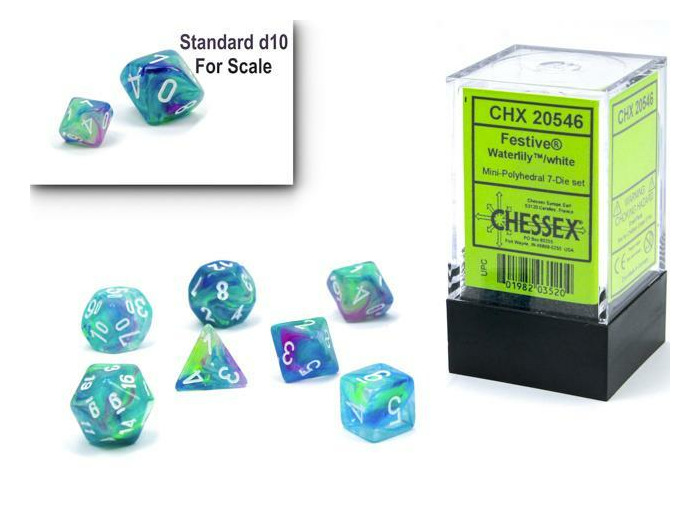 Chessex – 7 dés Festive® Mini-Polyhedral WaterlilyTM/white