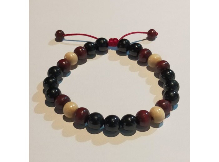 Perles en bois aubergine/blanc + obsidienne noire, ajustable