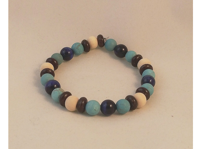 Bracelet bois / coco / œil de tigre bleu / turquoise
