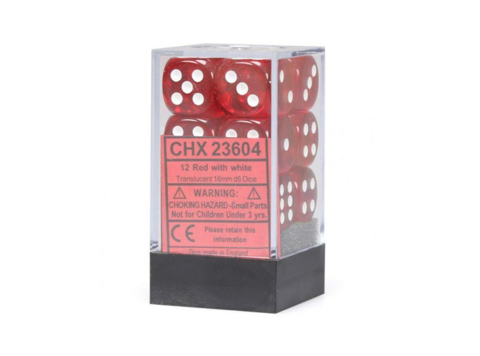 CHESSEX - Set de 12 dés 6 - TRANSPARENT - Rouge/Blanc