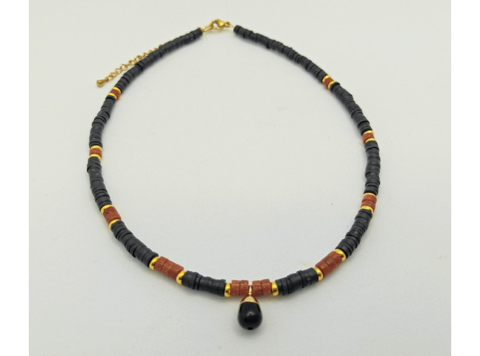 Tour de cou heishi noir/pierre de sable doré