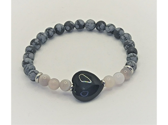 Bracelet obsidienne flocon de neige/agate grise cœur