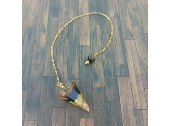 Pendule orgonite Agate noire/corail jaune/or