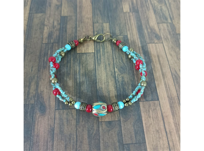 Bracelet 3 brins turquoise/rouge/bronze