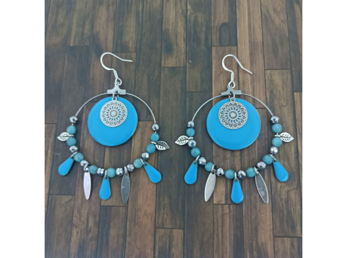 B.O. créoles argenté/bleu jade bleu