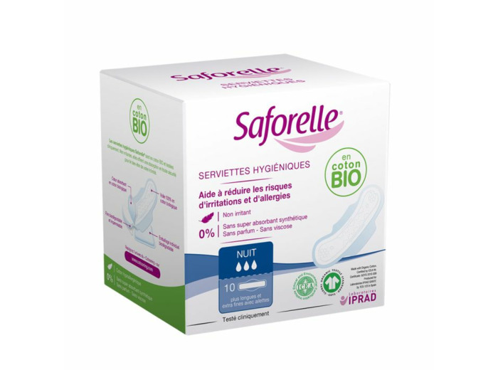 Serviettes Hygiéniques Nuit avec ailettes coton bio x10 Saforelle
