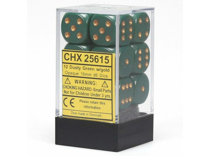 CHESSEX - Set de 12 dés 6 - OPAQUE - Vert Gris/Or