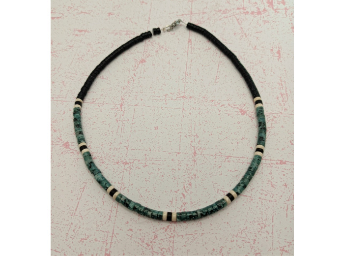 Collier homme ou femme heishi turquoise vert/noir/greige