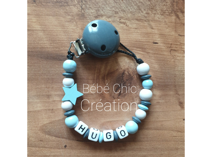 Attache sucette prénom personnalise Silicone Vert d'eau blanc